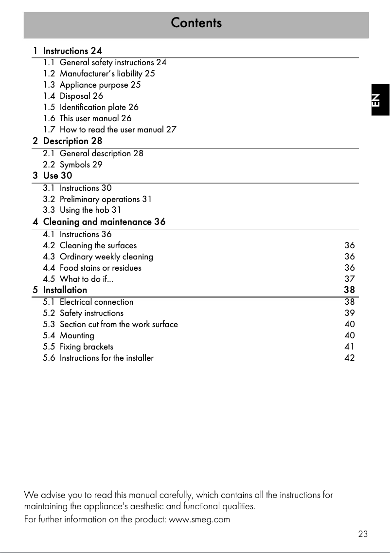 Page 1 de la notice Manuel utilisateur Smeg PI764AO