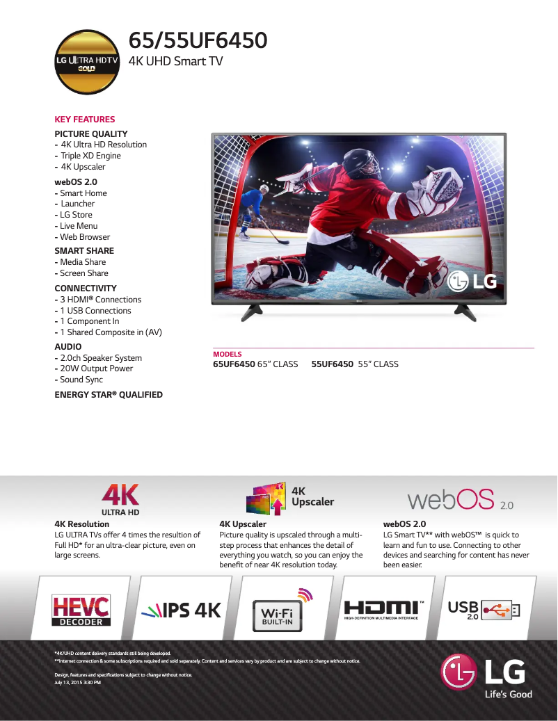 Page 1 de la notice Fiche technique LG 65UF6450