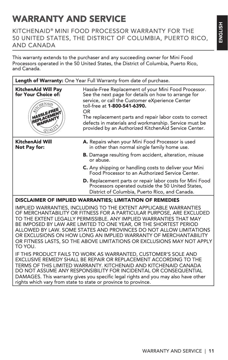 Page 1 de la notice Informations de garantie KitchenAid KFC3516BY