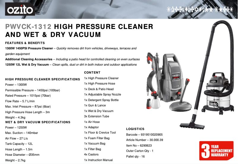 Page n°1 - Fiche technique Ozito PWVCK-1312