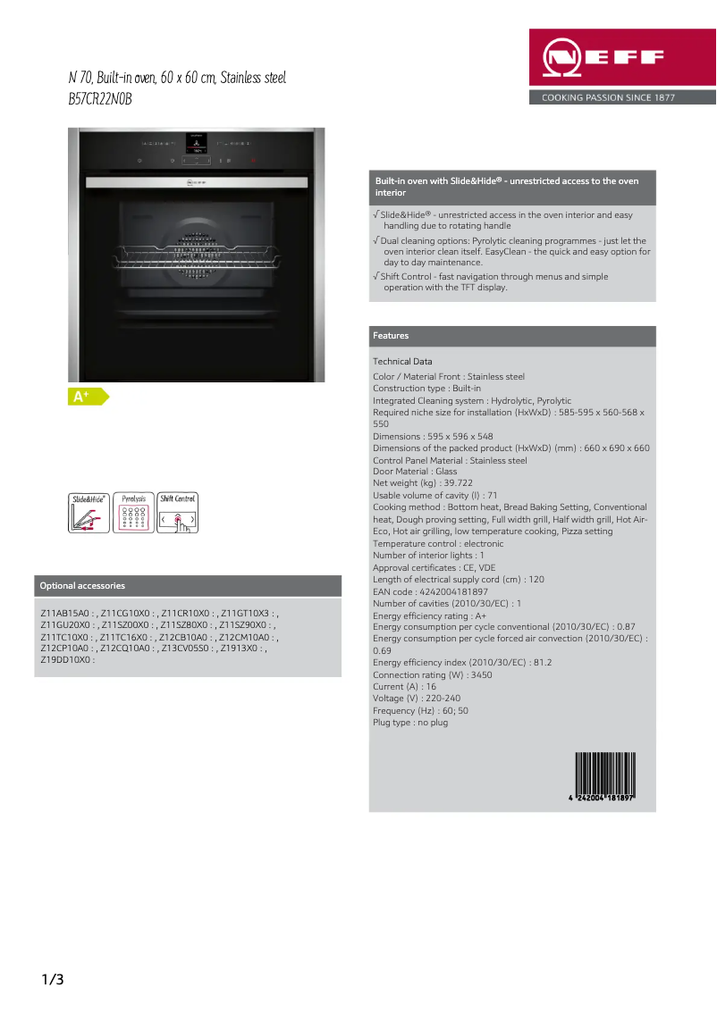 Page 1 de la notice Fiche technique Neff B57CR22N0B