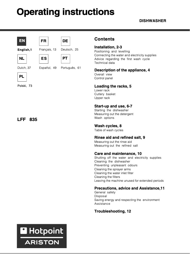 Page 1 de la notice Manuel utilisateur Hotpoint Ariston LFF 835