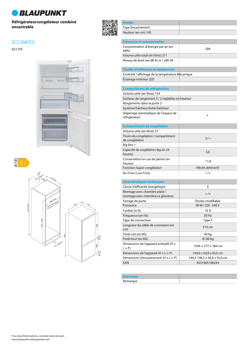 Page 1 de la notice Fiche technique Blaupunkt 5CC268FE0