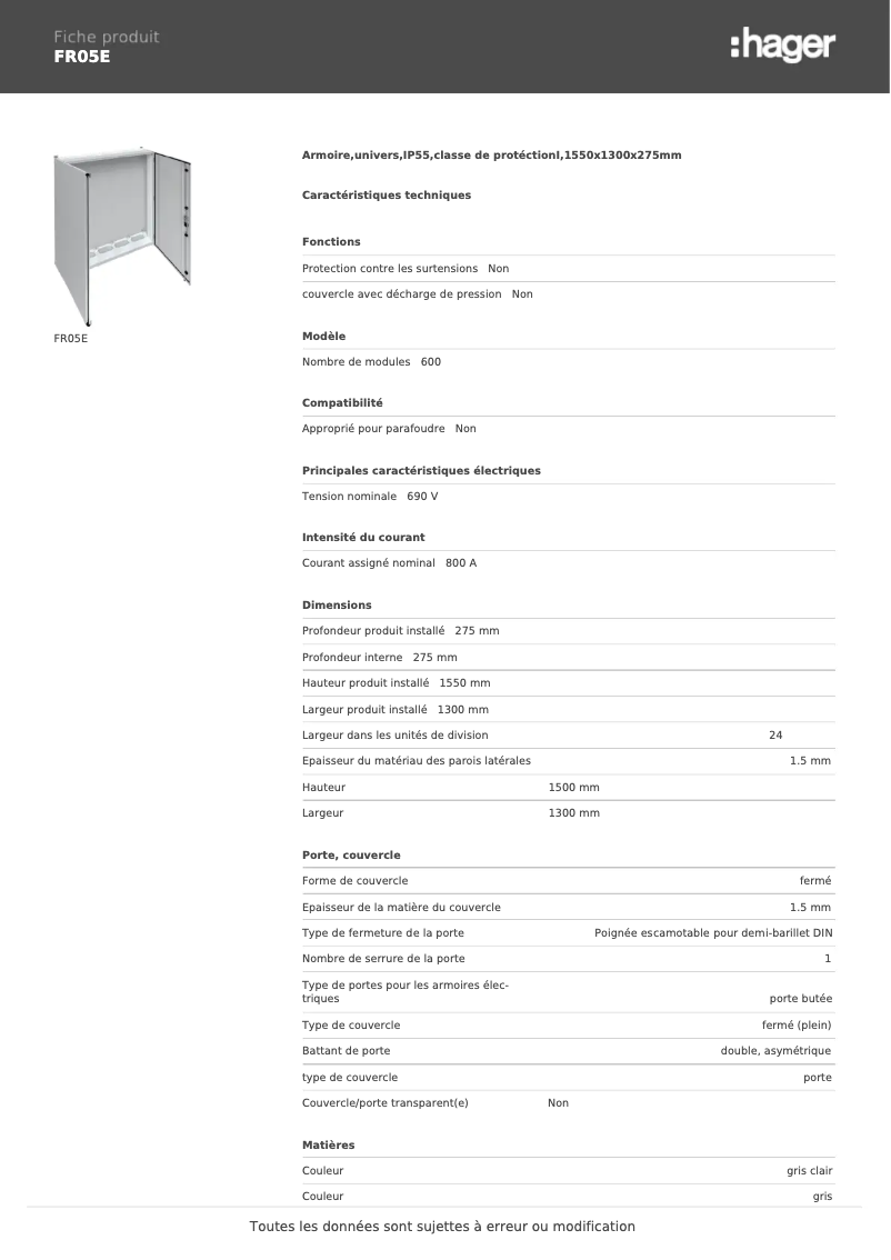 Page 1 de la notice Fiche technique Hager FR05E