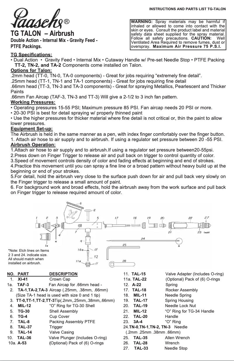 Page 1 de la notice Manuel utilisateur Paasche TG-3AS
