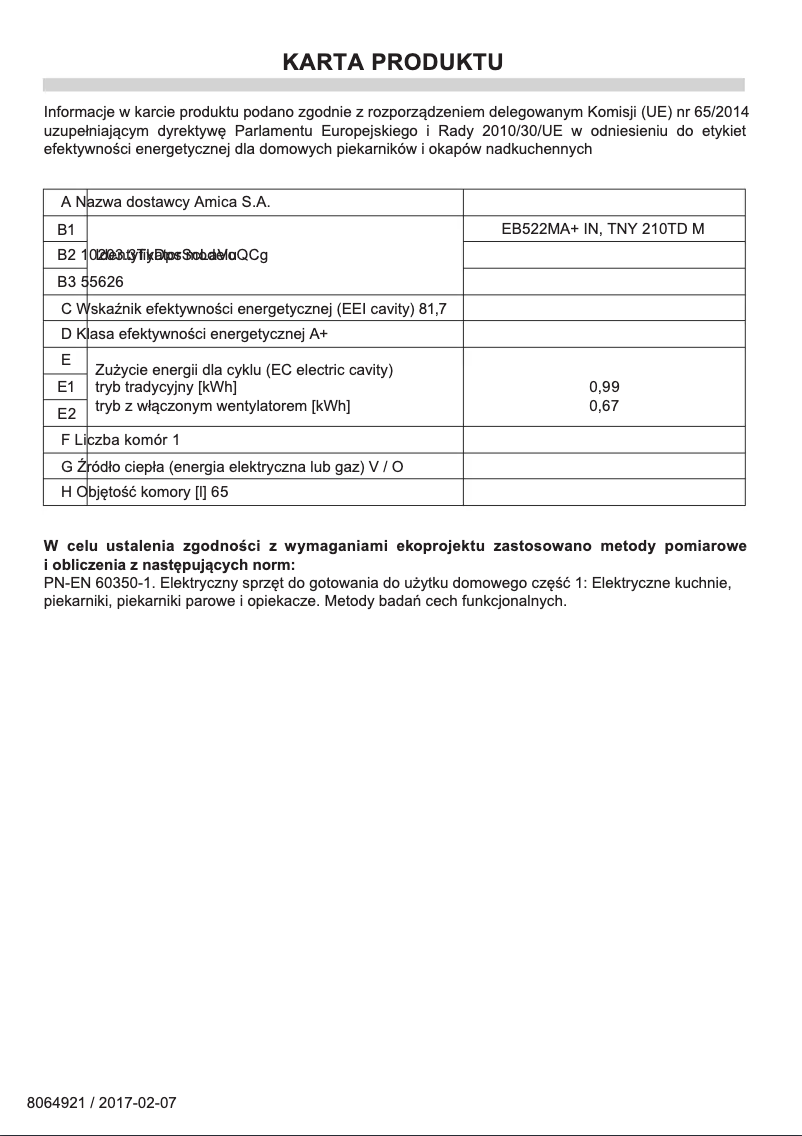 Page 1 de la notice Label énergétique Amica EB522MA+ IN