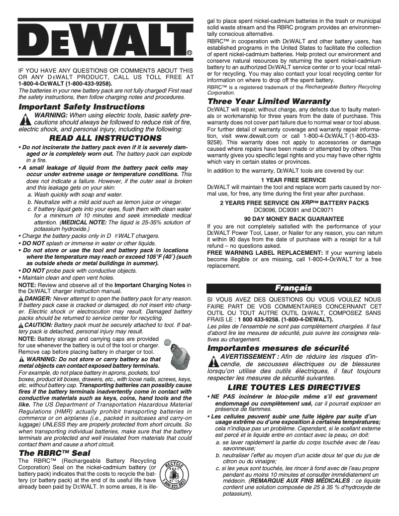 Page 1 de la notice Manuel utilisateur DeWalt DW9096