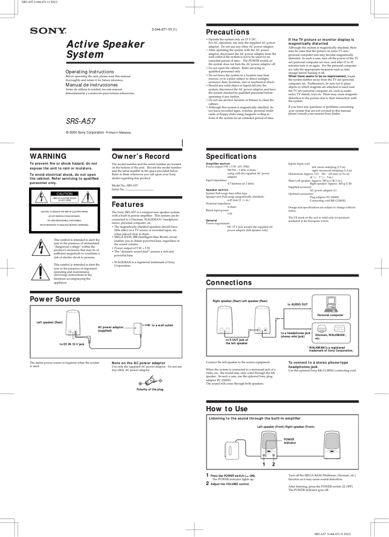 Page 1 de la notice Manuel utilisateur Sony SRS-A57
