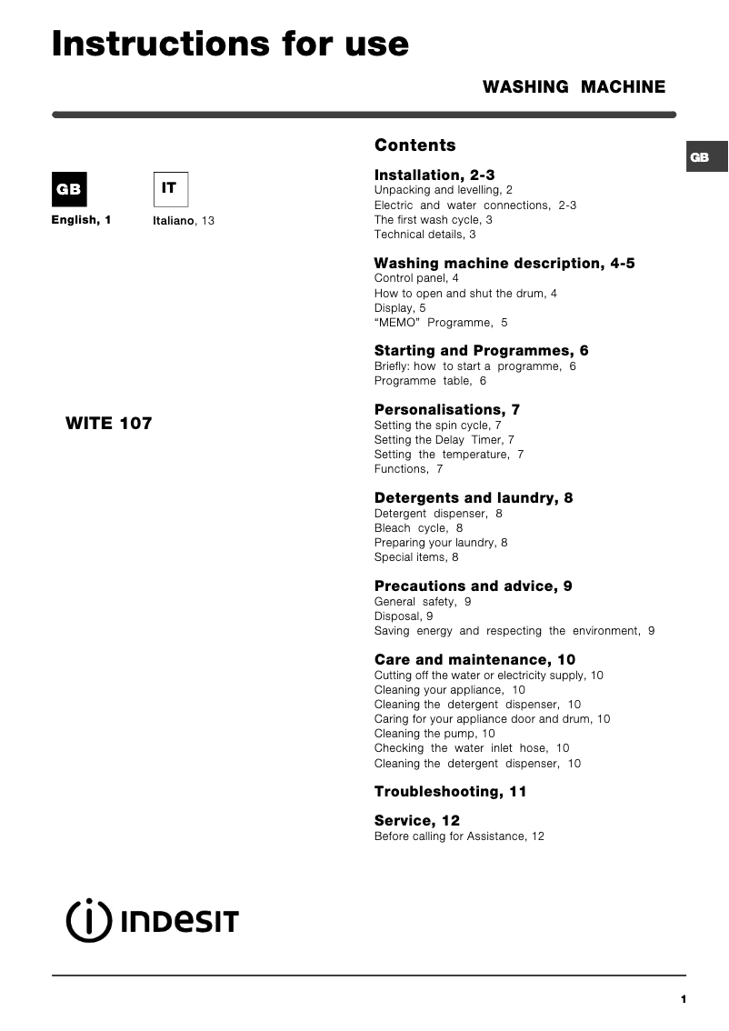 Image de la première page du manuel de l'appareil WITE 107