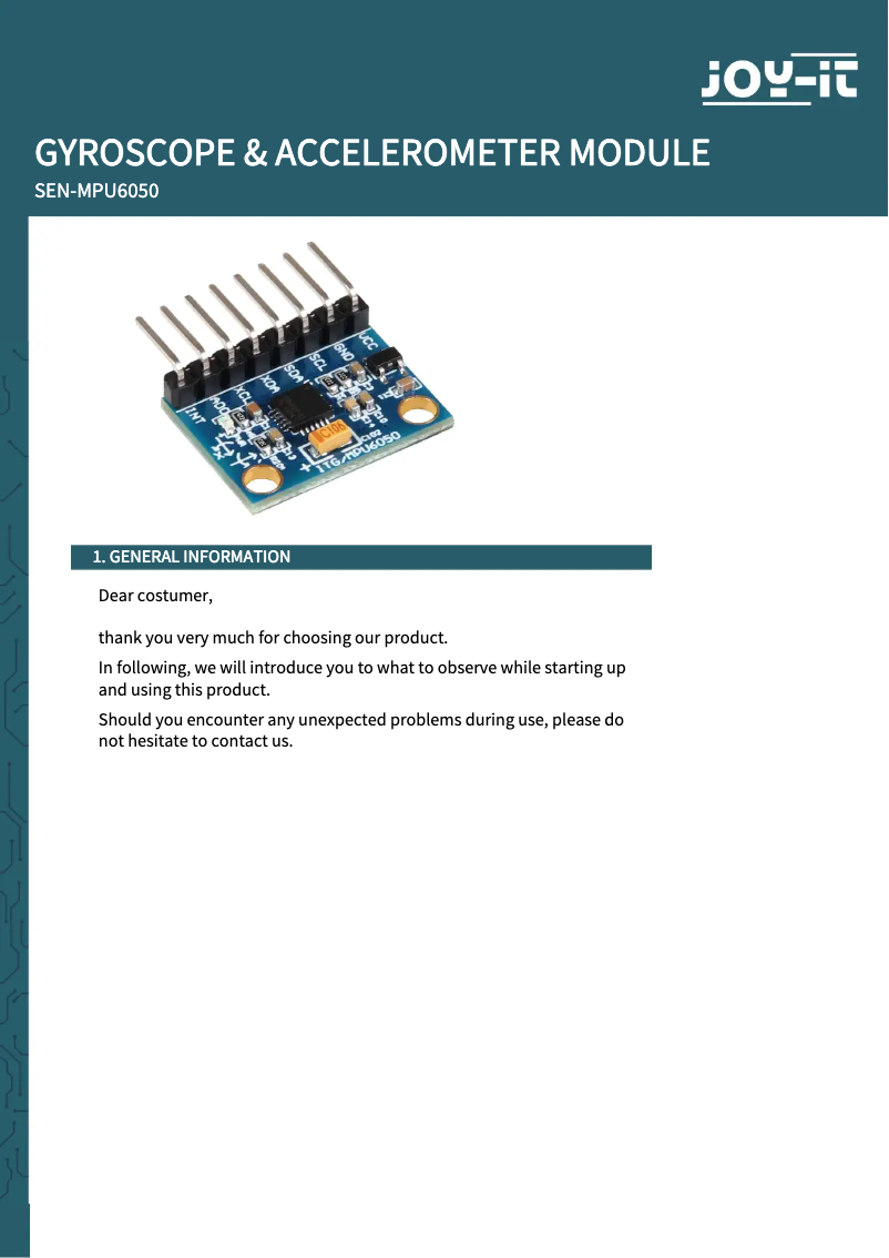 Page 1 de la notice Manuel utilisateur Joy-It MPU6050