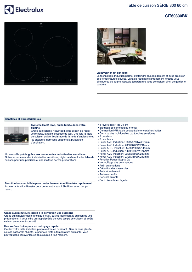 Page 1 de la notice Fiche technique Electrolux CIT60330BK