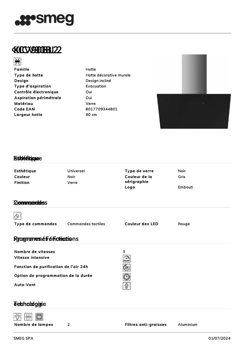 Page n°1 - Fiche technique Smeg KICV90BL2