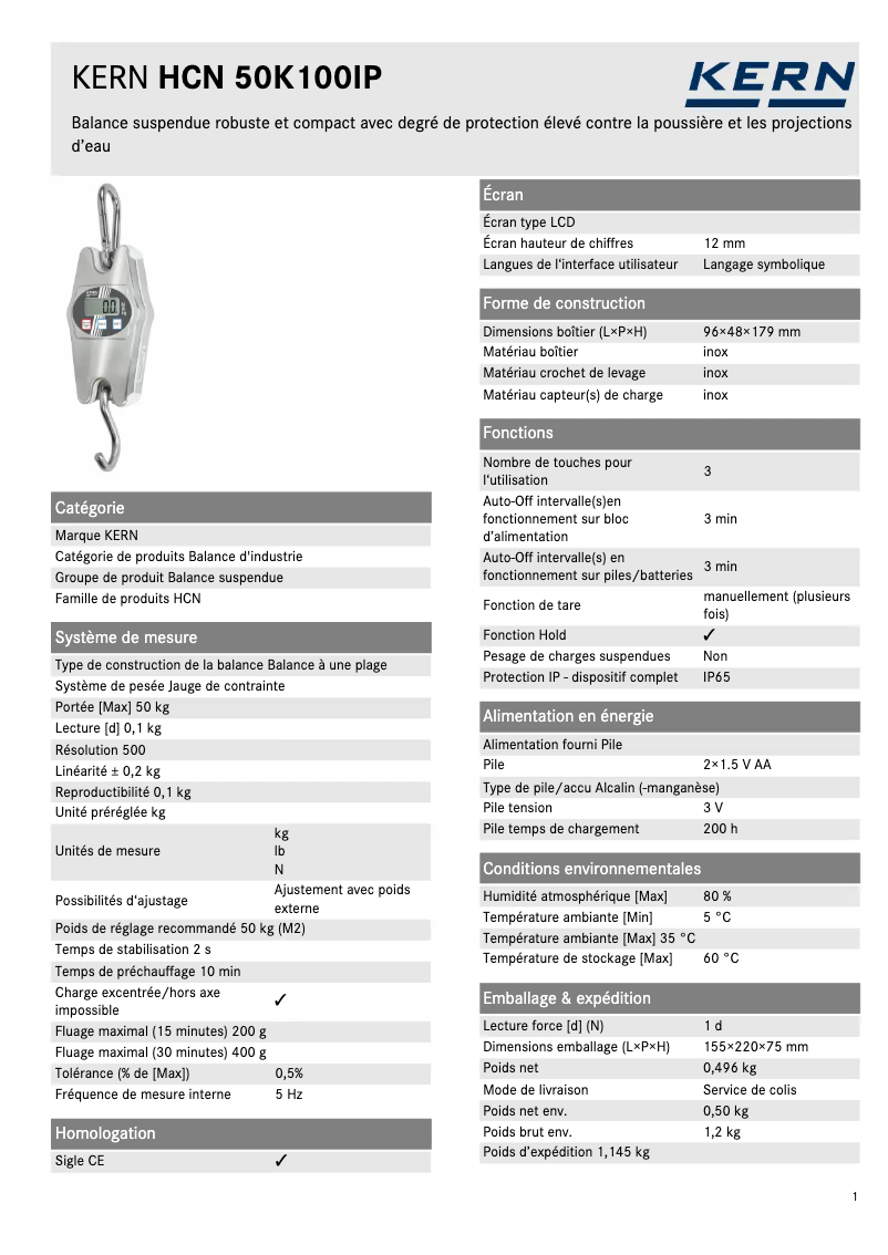 Page 1 de la notice Fiche technique Kern HCN 50K100IP