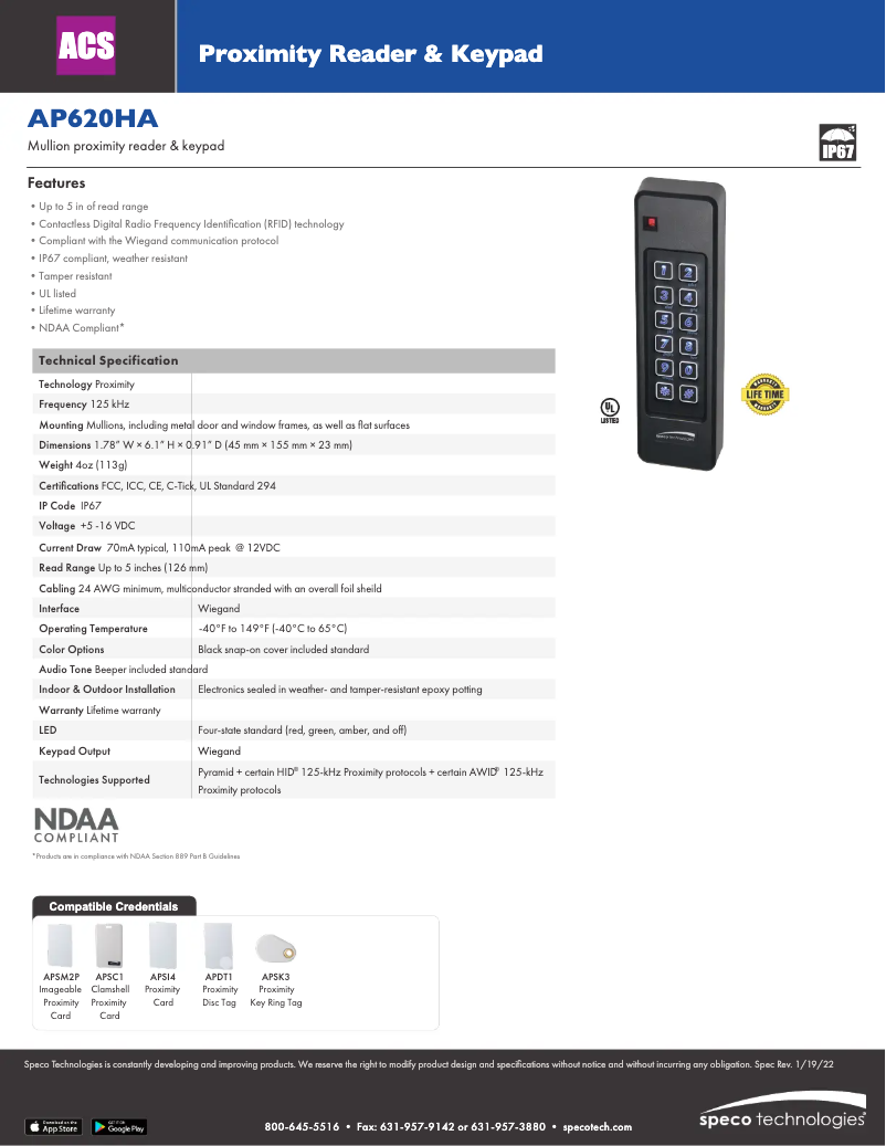 Page 1 de la notice Fiche technique Speco Technologies AP620HA