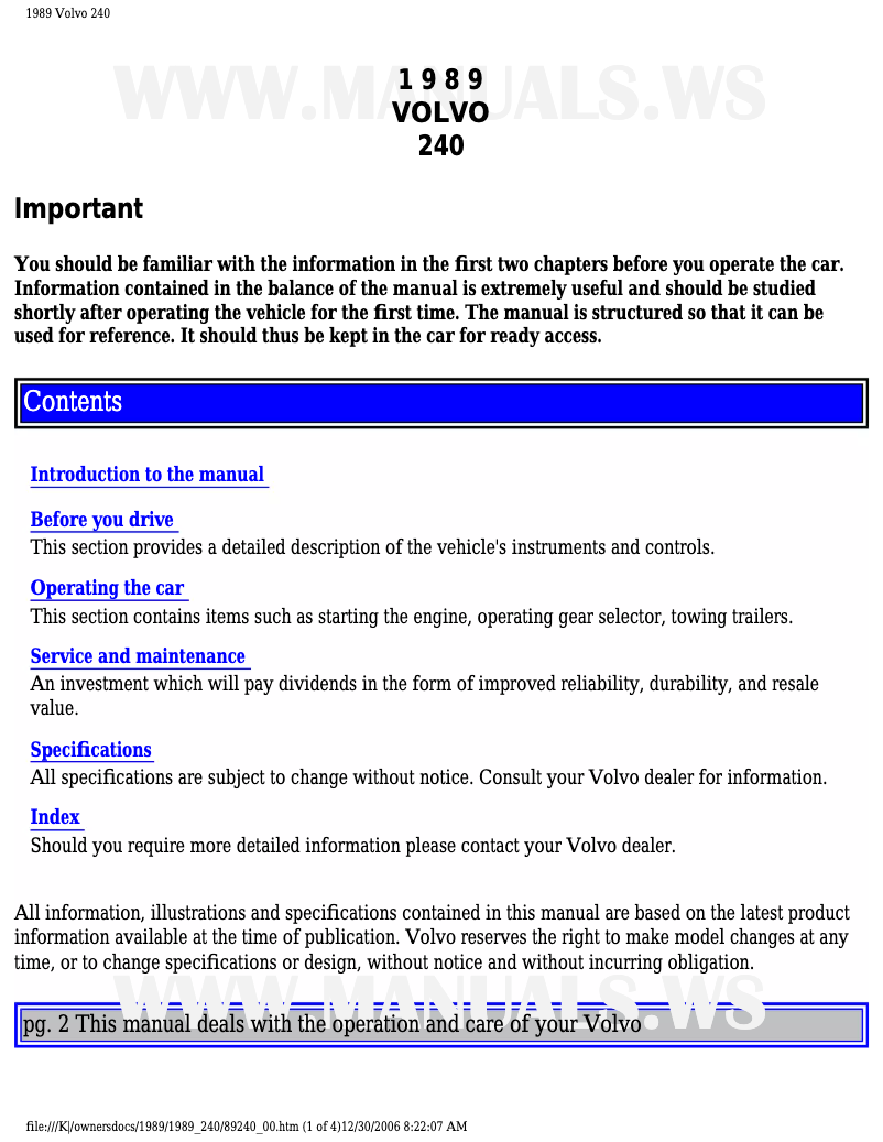 Page 1 de la notice Manuel utilisateur Volvo 240 (1989)