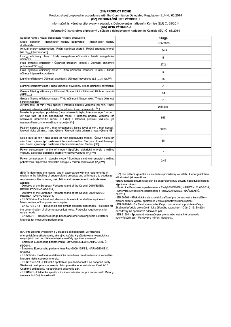 Page 1 de la notice Fiche technique Kluge KOV7003BLGH