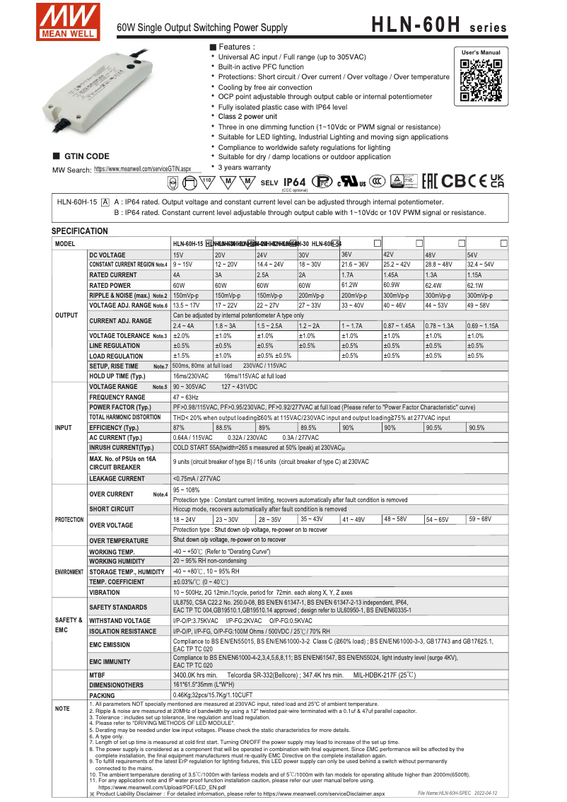 Page 1 de la notice Manuel utilisateur Mean Well HLN-60H-54A