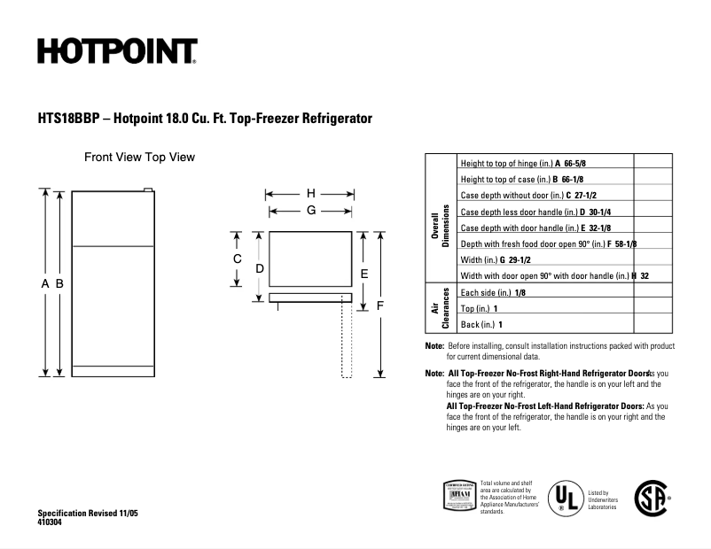 Page 1 de la notice Fiche technique Hotpoint HTS18BBPRWW