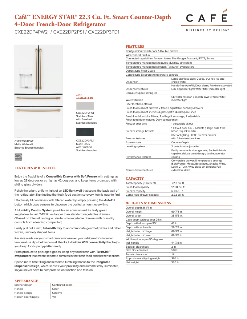 Page 1 de la notice Fiche technique GE Café CXE22DP4PW2