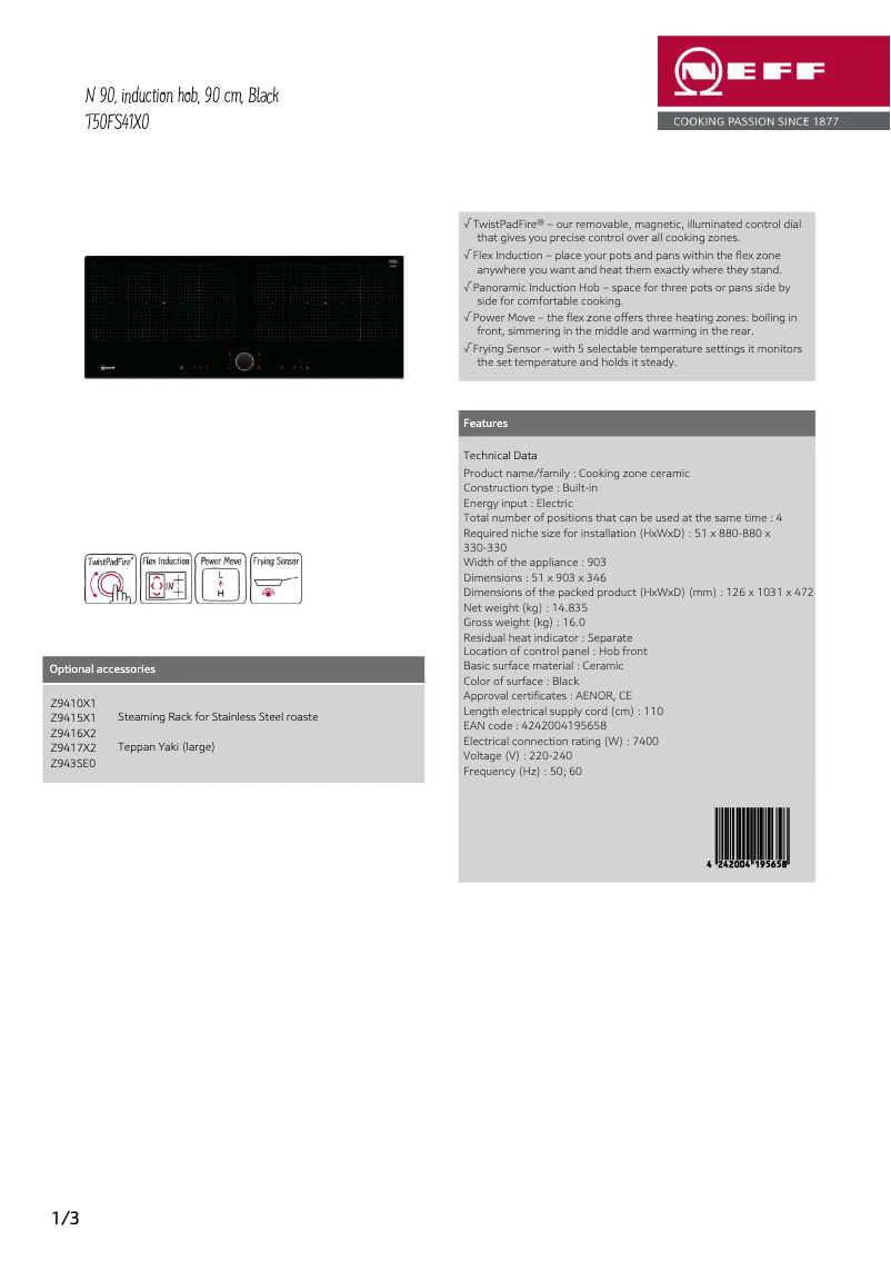 Page 1 de la notice Fiche technique Neff T50FS41X0