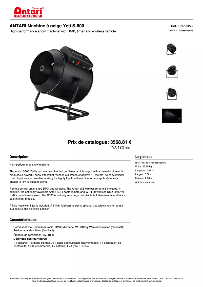 Page 1 de la notice Fiche technique Antari S-600