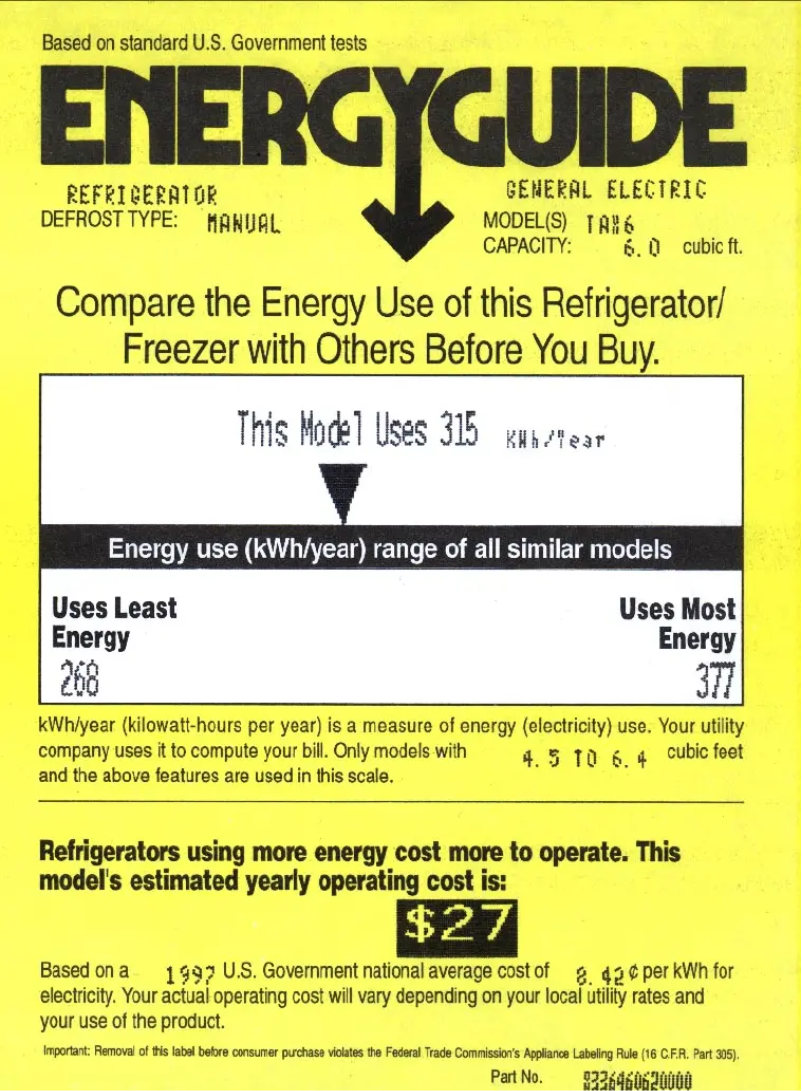 Page 1 de la notice Label énergétique GE TAX6SNXWN