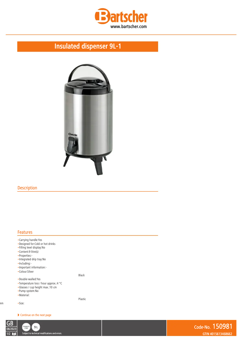 Page 1 de la notice Fiche technique Bartscher 150981