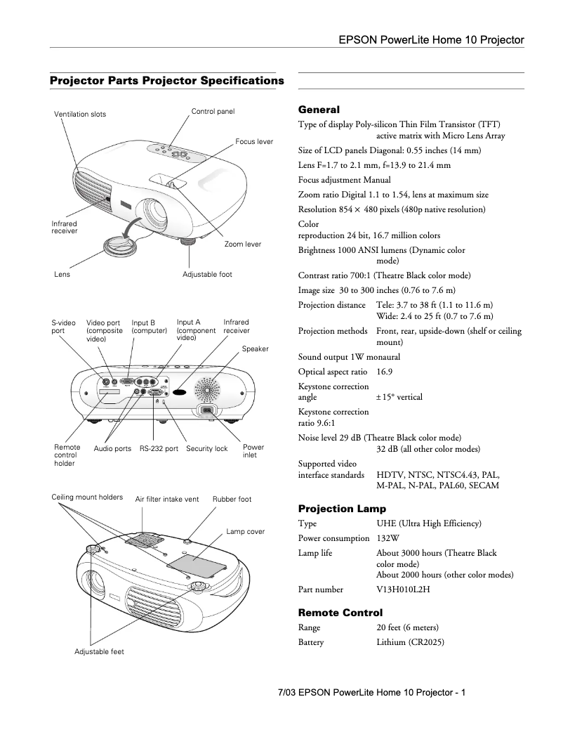Page 1 de la notice Fiche technique Epson PowerLite Home 10