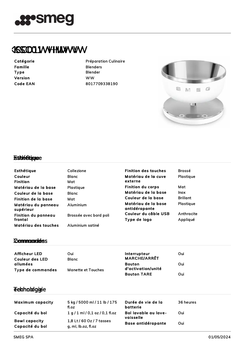 Page 1 de la notice Fiche technique Smeg KSC01