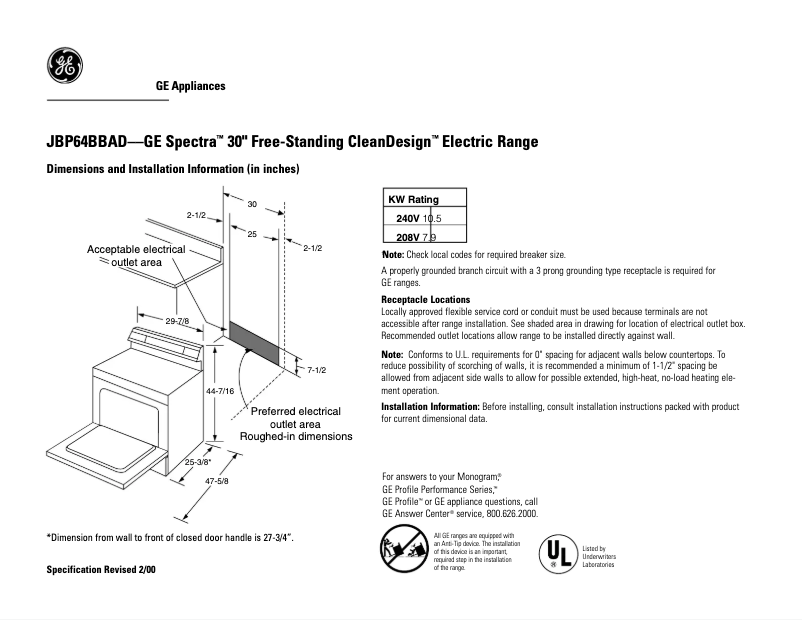 Page n°1 - Fiche technique GE JBP64BBAD