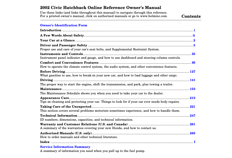 Image de la première page du manuel de l'appareil Civic Si (2002)