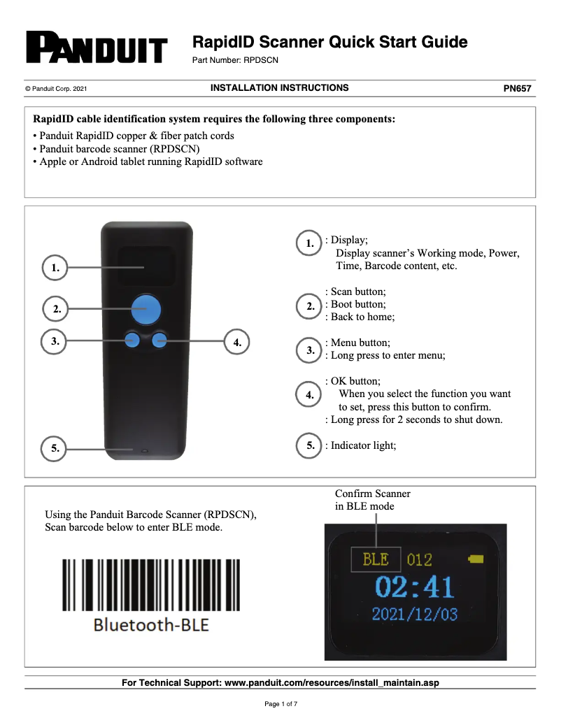 Page n°1 - Manuel utilisateur Panduit Scanner RPDSCN