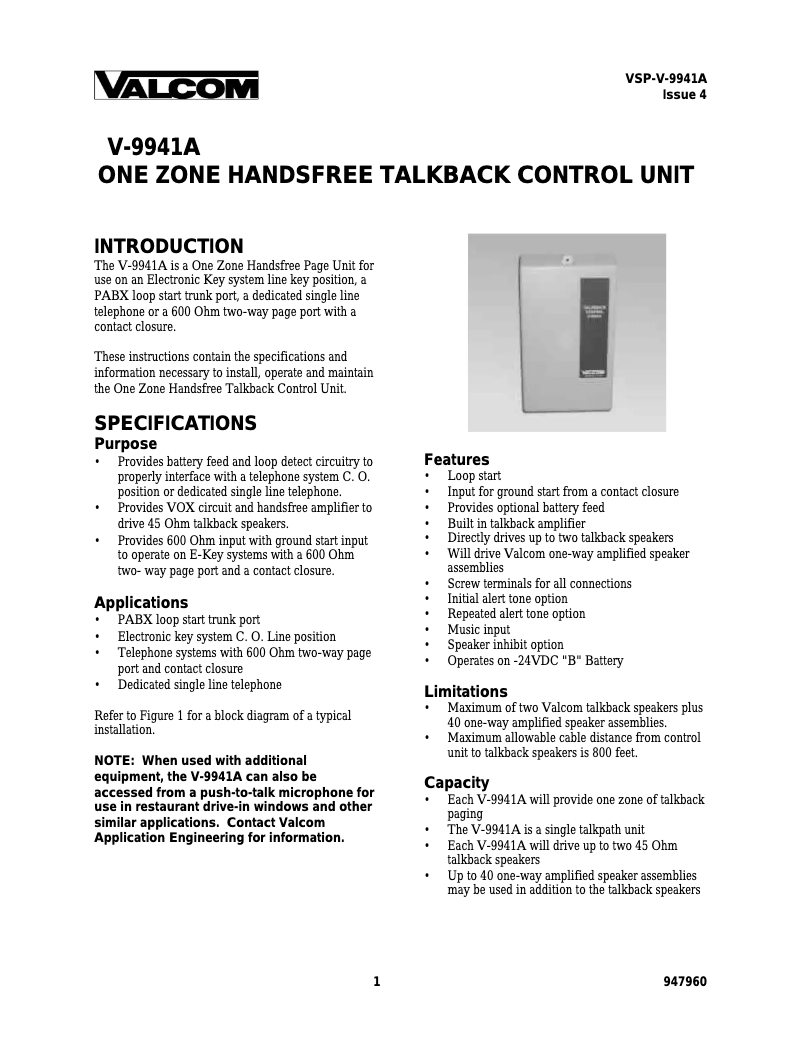 Page n°1 - Manuel utilisateur Valcom V-9941A