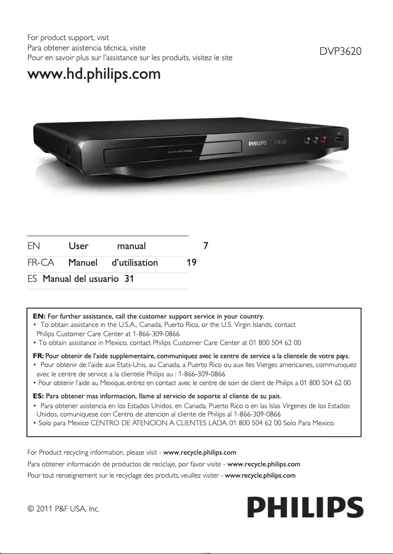 Page 1 of the manual User Manual Philips DVP3620