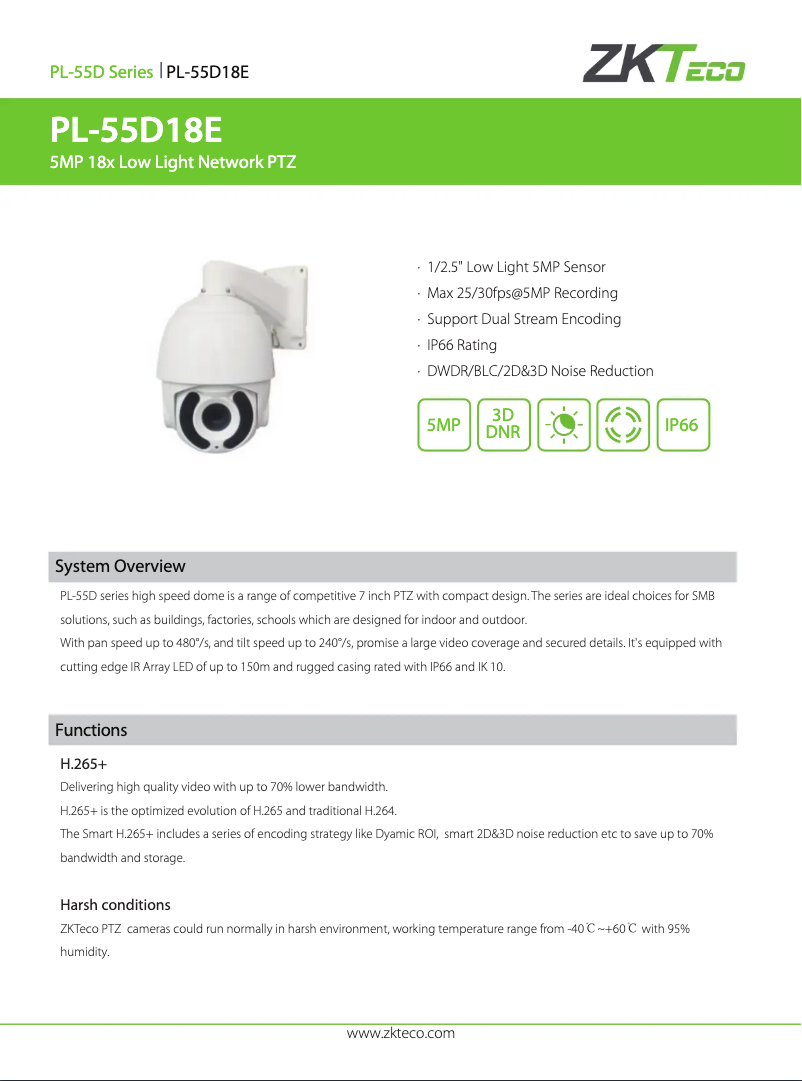 Page 1 de la notice Fiche technique ZKTeco PL-55D18E