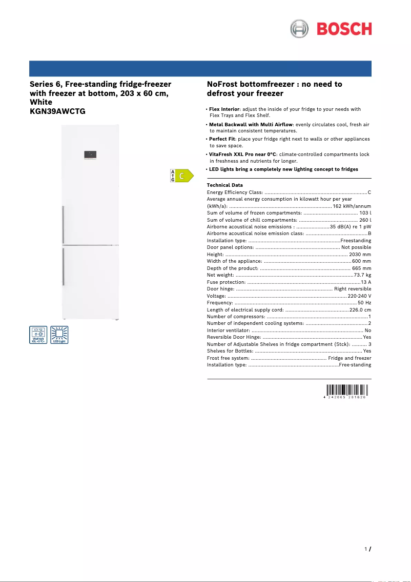Page 1 de la notice Fiche technique Bosch Serie 6 KGN39AWCTG