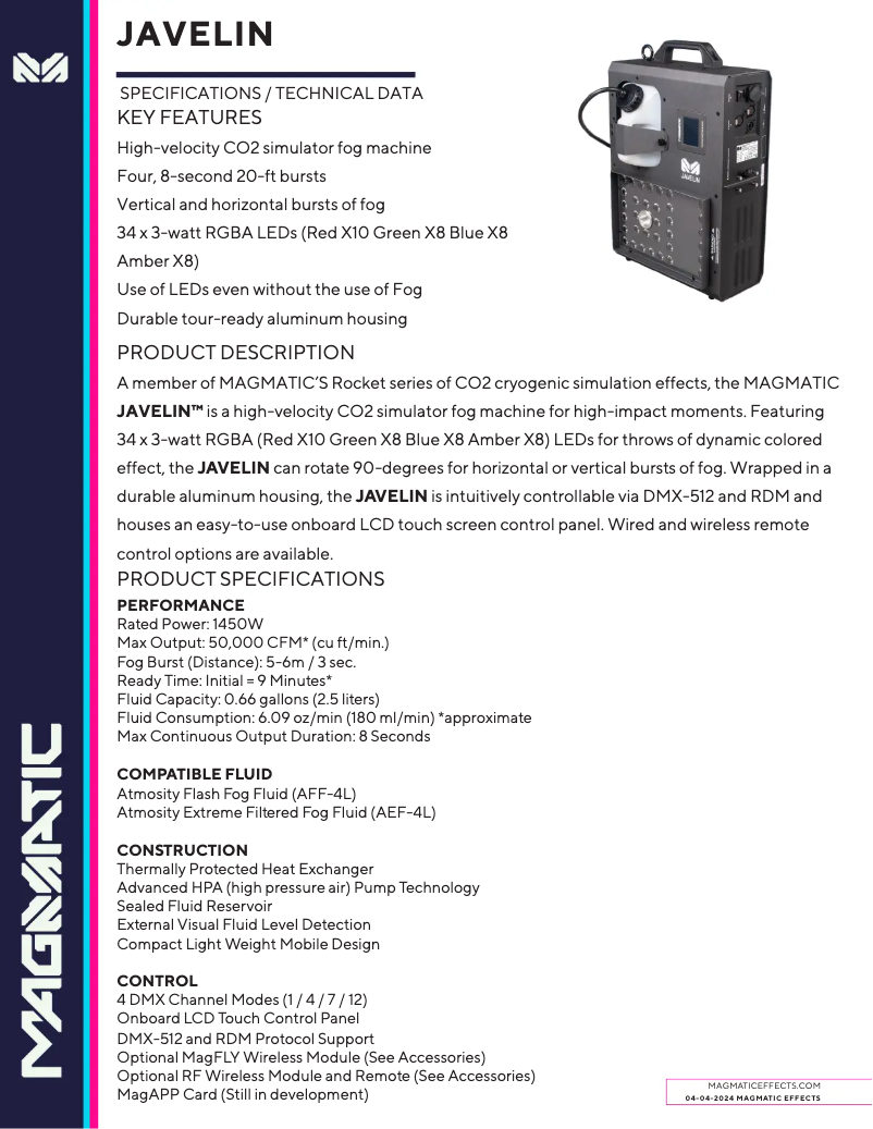 Page 1 de la notice Fiche technique Elation Javelin