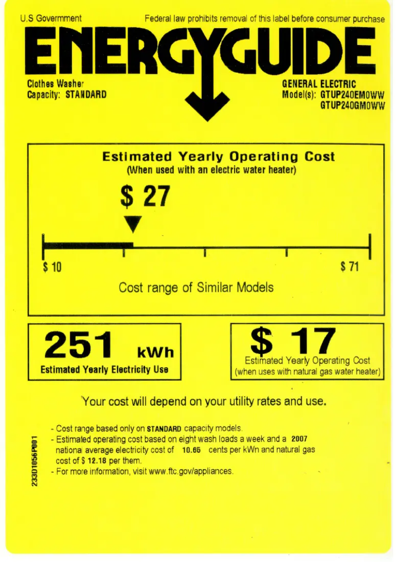 Page 1 of the manual Energy Label GE Spacemaker GTUP240EMWW