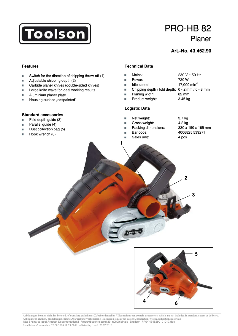 Page 1 de la notice Fiche technique Toolson PRO-HB 82