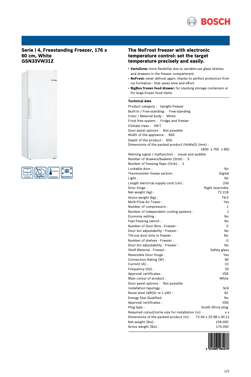 Página 1 del manual Ficha técnica Bosch GSN33VW31Z