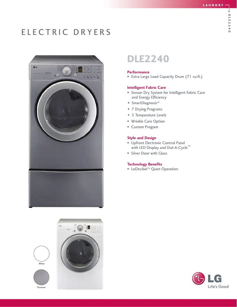 Page 1 de la notice Fiche technique LG DLE2240W