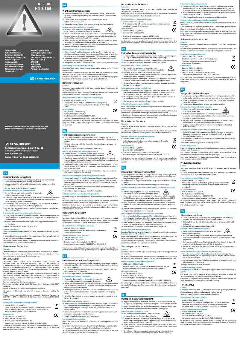 Page n°1 - Instructions de sécurité Sennheiser HD 2.30