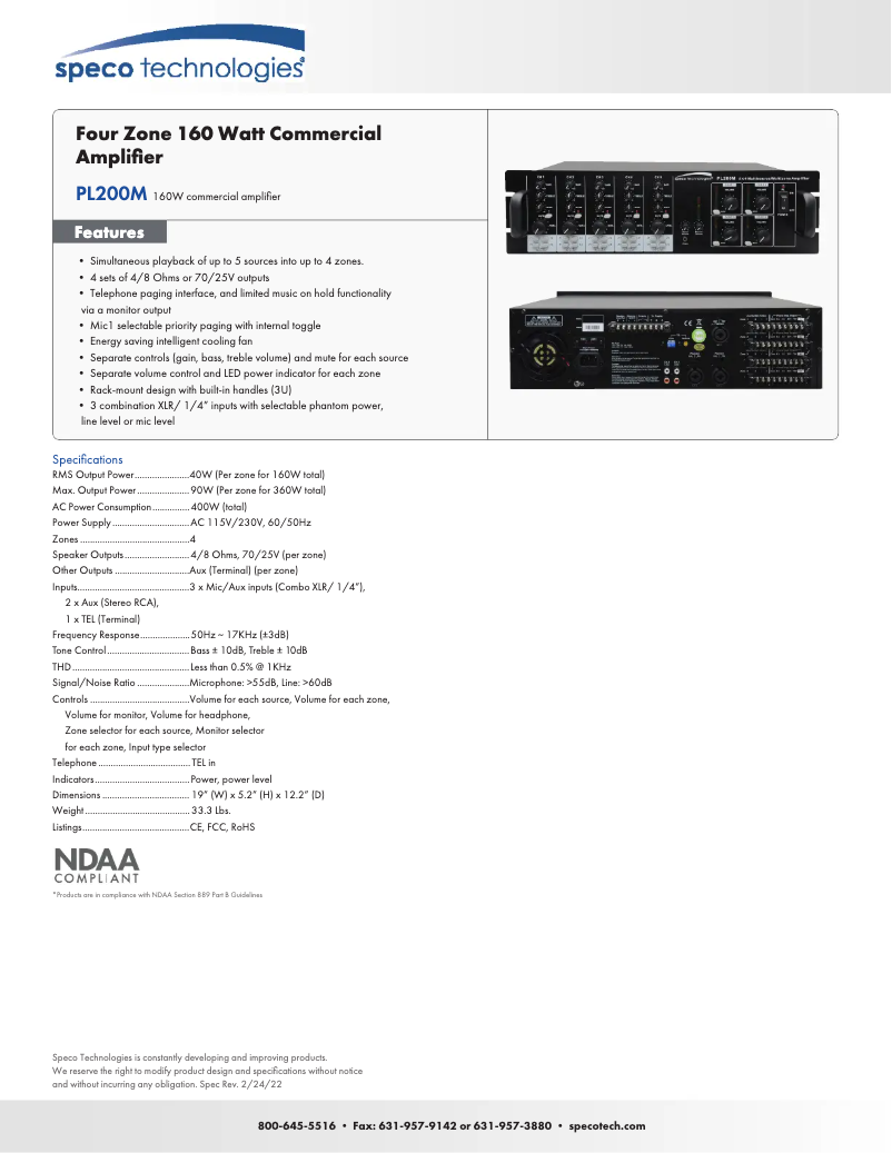 Page 1 de la notice Fiche technique Speco Technologies PL200M