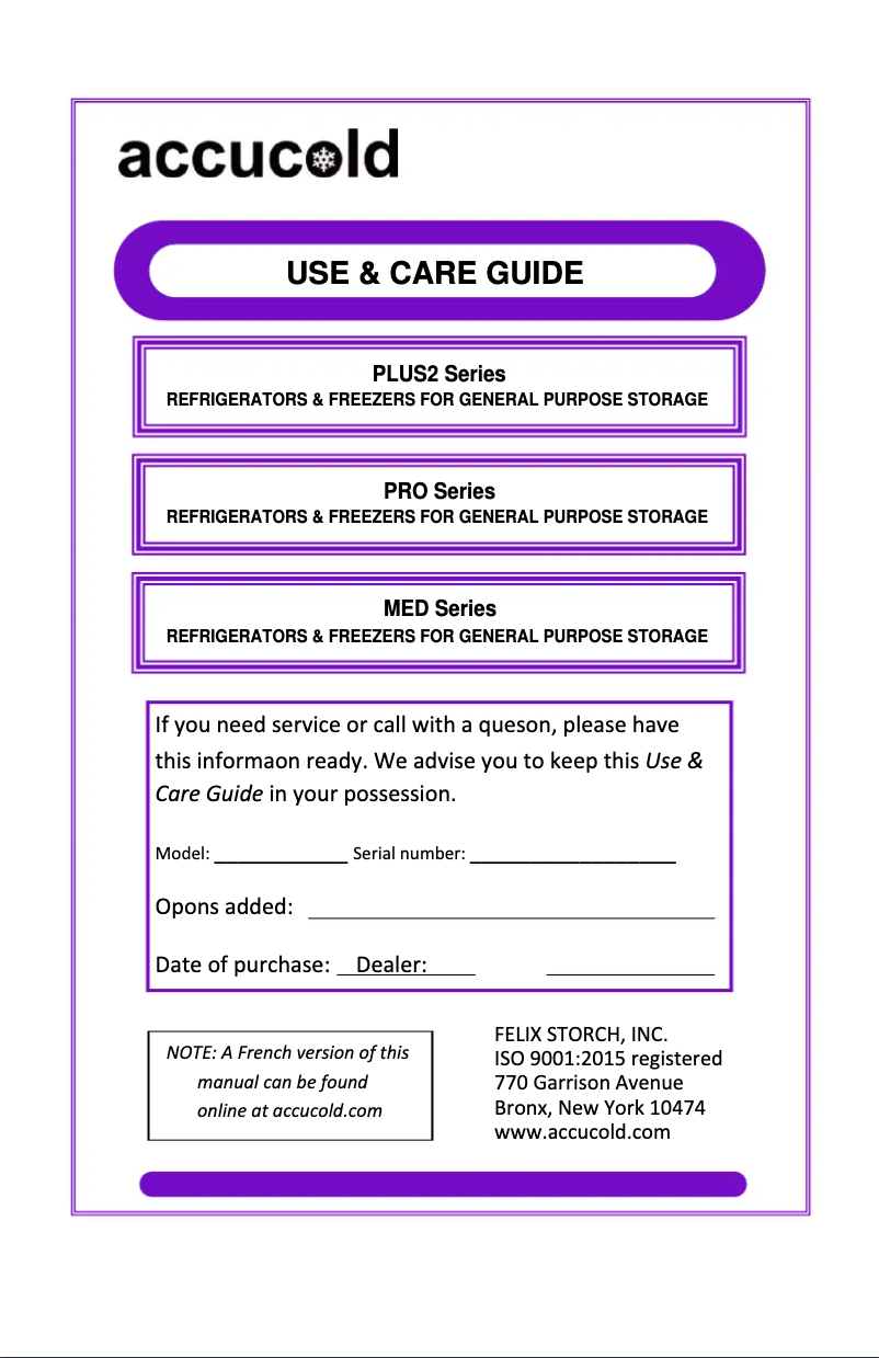 Page 1 de la notice Manuel d'utilisation et d'entretien Accucold SCR600LPROADA