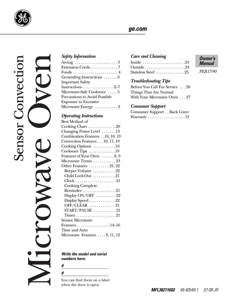 Page 1 of the manual User Manual GE PEB1590DMWW