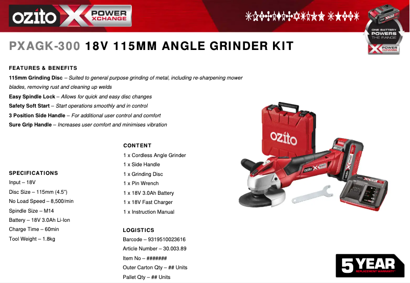 Page 1 de la notice Fiche technique Ozito PXAGK-300