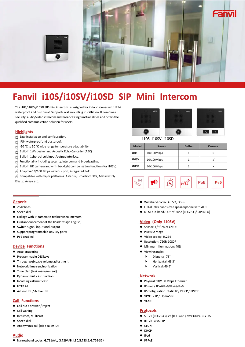 Page 1 de la notice Fiche technique Fanvil i10SD