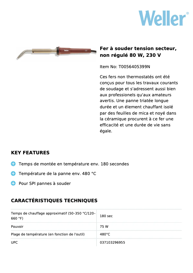 Page 1 de la notice Fiche technique Weller SPI 81