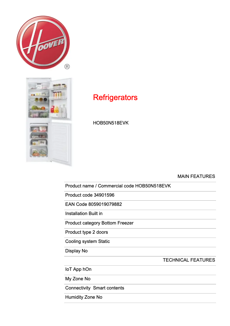 Page n°1 - Fiche technique Hoover HOB50N518EVK