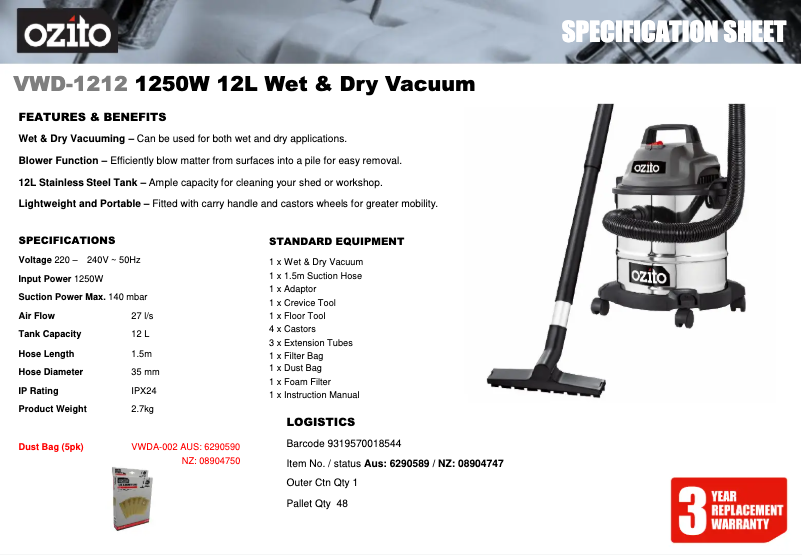 Page 1 de la notice Fiche technique Ozito VWD-1212